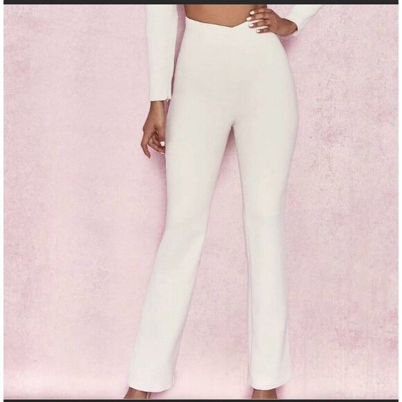 House Of CB London Womens Aguzin Wide‎ Leg Pants Cream Back Zipper Stretch L New - Picture 1 of 9